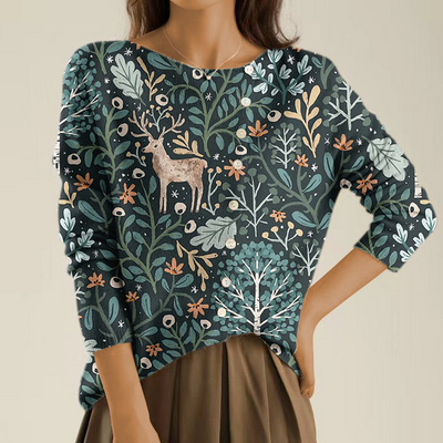 Elegancki i przytulny sweter z motywem łosia i lasu oraz nieregularnymi guzikami