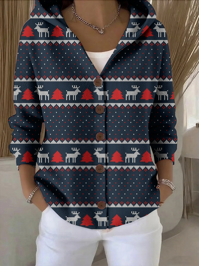 Elegancki i wygodny ciemnoniebieski kardigan z kapturem i wzorem choinki, idealny do noszenia na co dzień