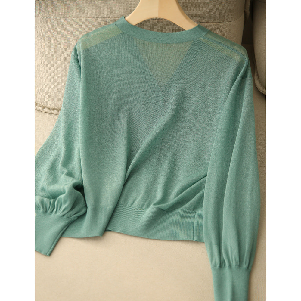 Elegancki i wygodny, lekki, oddychający damski kardigan w jednolitym kolorze z dekoltem w serek i guzikami