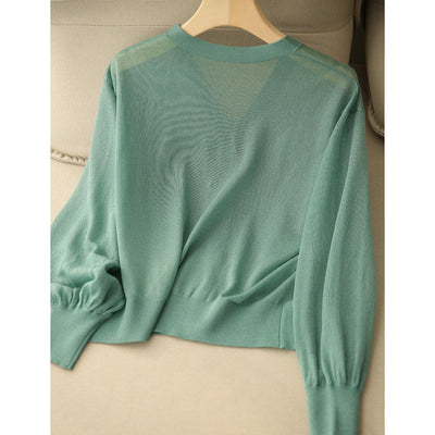 Elegancki i wygodny, lekki, oddychający damski kardigan w jednolitym kolorze z dekoltem w serek i guzikami