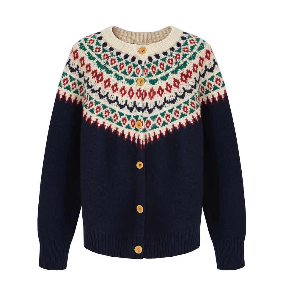 Luźny i wygodny niebieski kardigan z geometrycznym wzorem w stylu retro i zapięciem na guziki