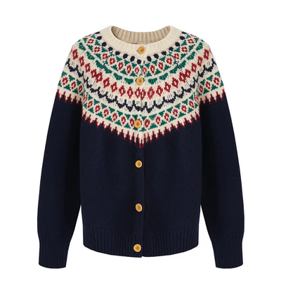 Luźny i wygodny niebieski kardigan z geometrycznym wzorem w stylu retro i zapięciem na guziki