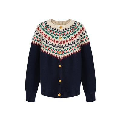 Luźny i wygodny niebieski kardigan z geometrycznym wzorem w stylu retro i zapięciem na guziki